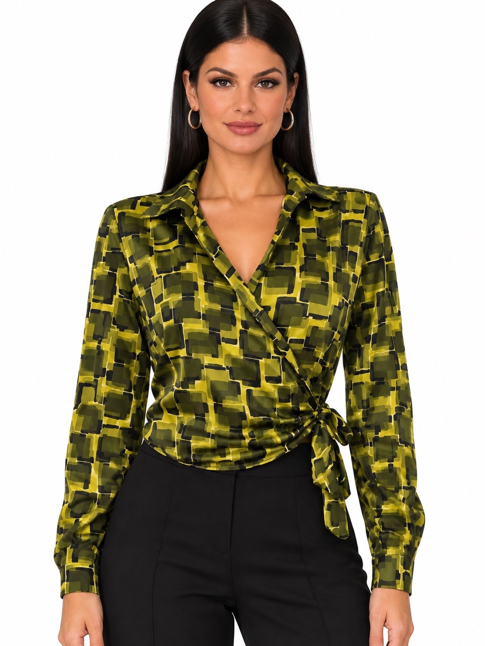 K.A.T.E. Geometric Satin Green Wrap Top Medium